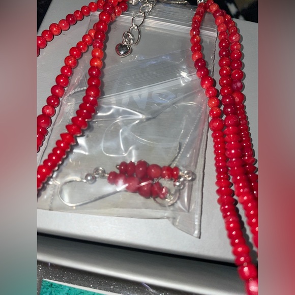 Red Coral Bead 3-Strand Necklace  & earrings (pierced) by Jay King - Picture 5 of 6